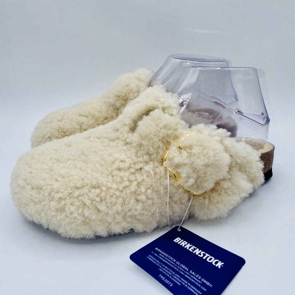 Birkenstock Boston Big Buckle Shearling‎ Mules Women's Size 6 Eggshell Fur